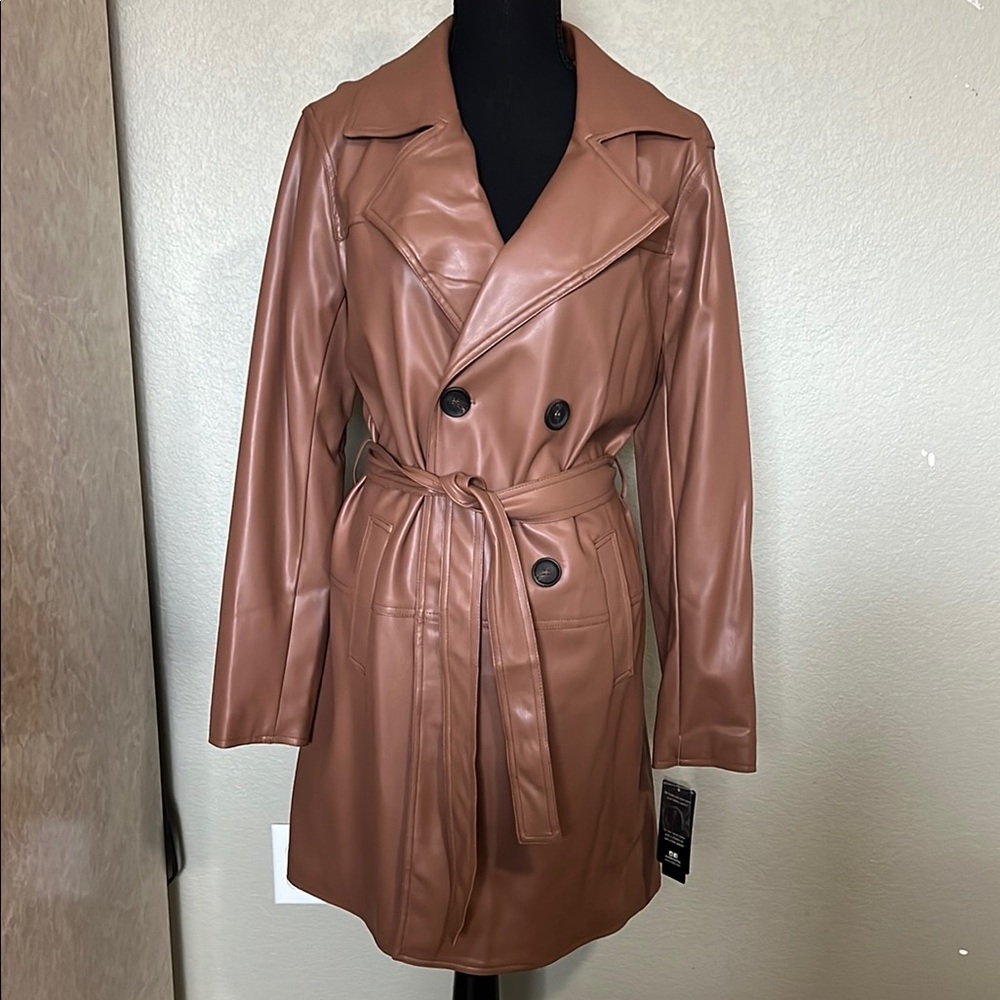 Women's Sebby Collection Double-Breasted non leather toffee colored trench coat